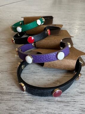 Enamel Studded Pleather Bracelet Set of 4 - Black, Purple, Green, Red Accents